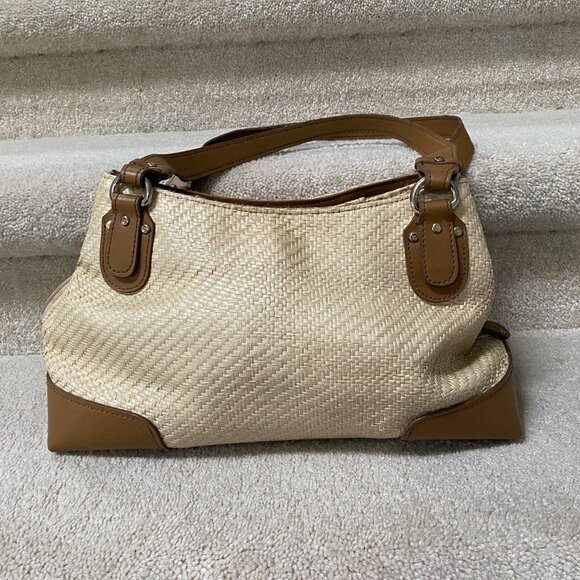 Liz Claiborne Vintge Woven Cream and Tan Leather Tote Bag - Picture 4 of 12
